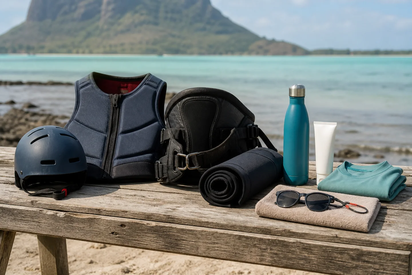 Helmet, impact vest, harness, wetsuit, water, sunscreen, rash guard and towel prepared for a kitesurfing lesson