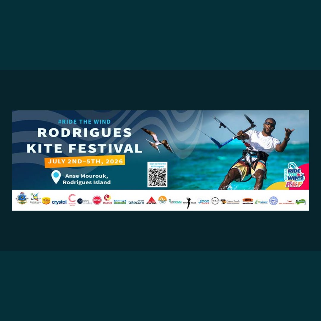 Official Rodrigues Kite Festival 2026 banner with event dates, location and sponsors