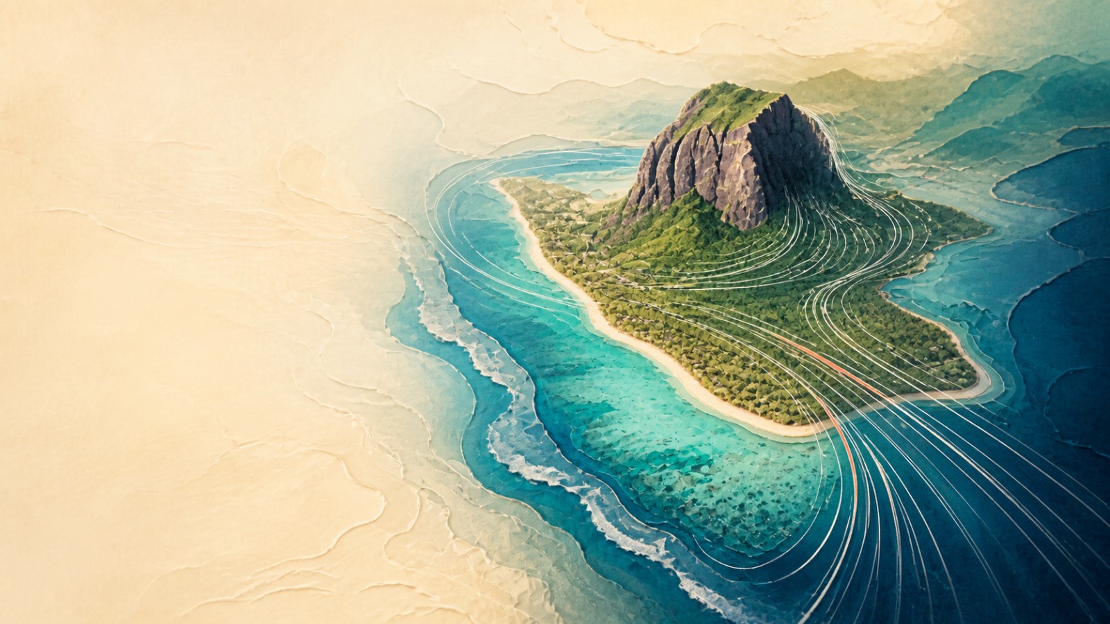 Aerial view of Le Morne mountain, the open ocean and sheltered sections of turquoise lagoon