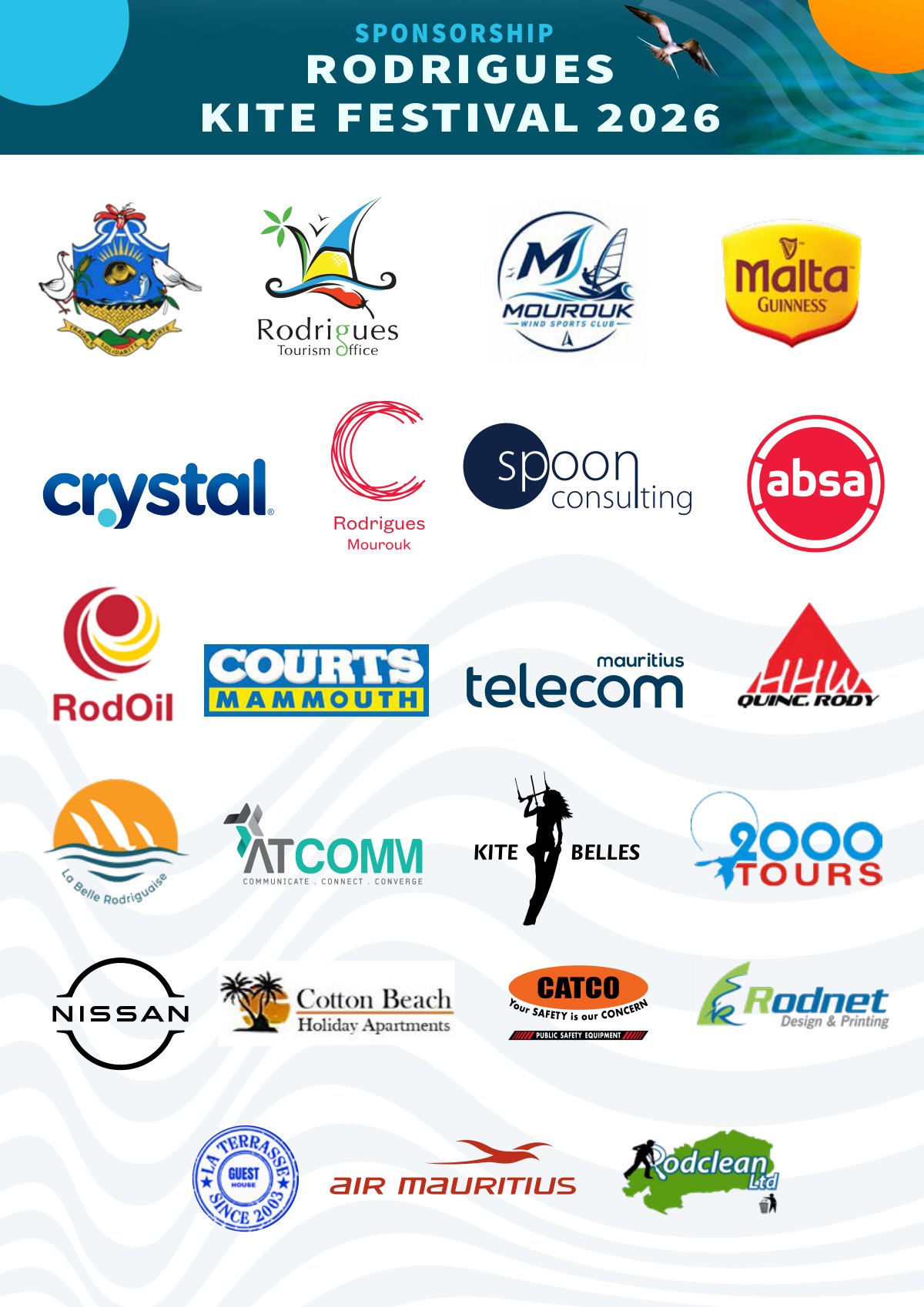 Official sponsor panel for the Rodrigues Kite Festival 2026 featuring Kitebelles