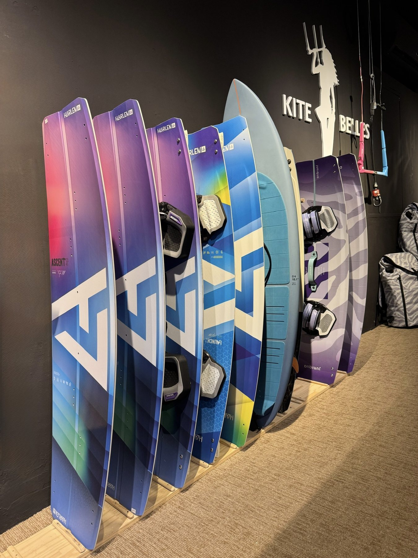 Harlem and Juniqua kite boards and gear display