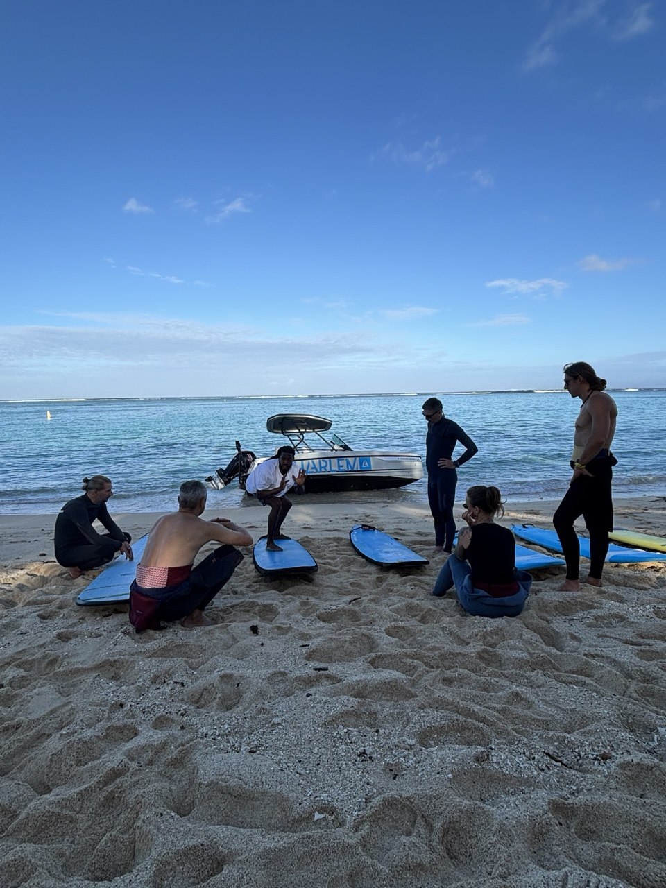 Surf instructor briefing the group on the beach